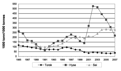 Figur 4.3 Gytebestand for torsk, hyse og sei i Nordsjøen og
Skagerrak 1985–2007