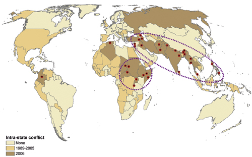 Figure 10.1 The map shows the geographic distribution of conflicts
in 2006 (red symbols in brown countries) and countries with conflicts
concerning territory during the period 1989–2005 (beige
countries).