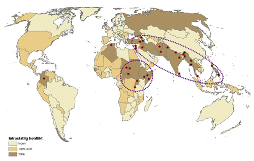 Figur 10.1 Kartet viser den geografiske fordelingen av konfliktene
i 2006 (røde symboler i brune land) samt land med konflikt
på eget territorium i perioden 1989–2005 (beige
land).