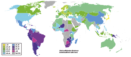 Figur 3.3 Gini-koeffisienten er et mål på inntektsulikhet
i et land. Lav verdi = lav ulikhet.