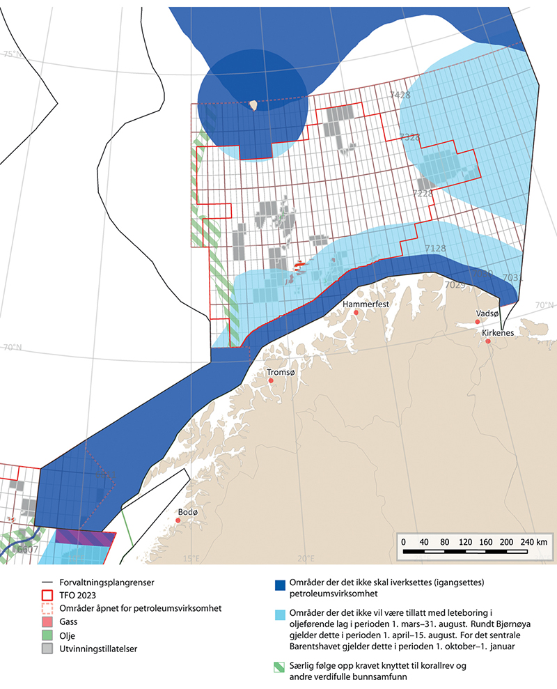 Figur 10.1 Områdespesifikke rammer for petroleumsvirksomhet i Barentshavet–Lofoten.