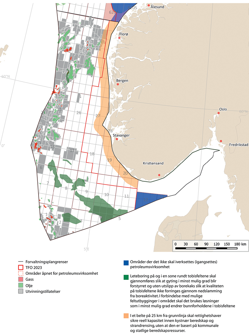 Figur 10.3 Områdespesifikke rammer for petroleumsvirksomhet i Nordsjøen–Skagerrak.
