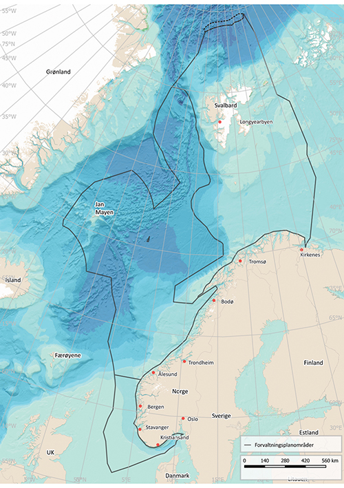 Figur 2.4 Kart over forvaltningsplanområdene i Barentshavet–Lofoten, Norskehavet og Nordsjøen–Skagerrak