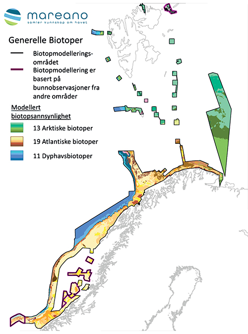 Figur 3.13 Utbredelse av generelle biotoper på havbunnen i Norskehavet og Barentshavet.
