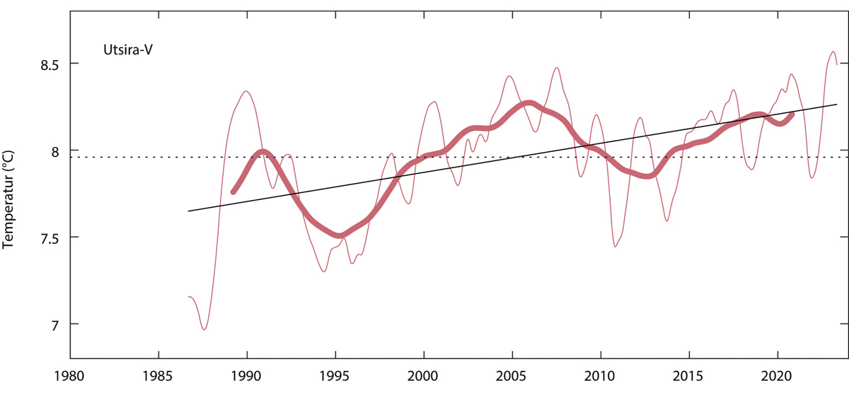 Figur 3.19 Temperatur 1980–2020, midlet mellom i 50–200 m dyp, i kjernen av atlantisk vann i Nordsjøen (Utsira-V). Den tynne linjen viser årsmidler, den tykke linjen viser dataene glattet med fem års midler, og den stiplede linjen lineær trend.