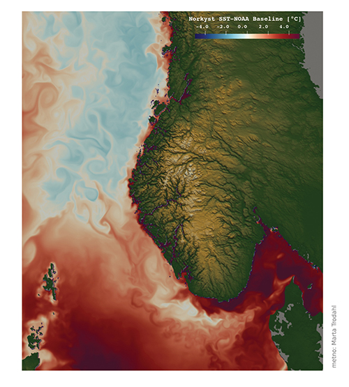 Figur 3.25 Marin hetebølge i Nordsjøen. Avvik fra normal havoverflatetemperatur 18. juni 2023. I denne perioden var det en kraftig marin hetebølge i Nord-Atlanteren og Nordsjøen, hvor avviket nådde 4-5 grader høyere temperatur enn forventet fra 30 års langtidsm...