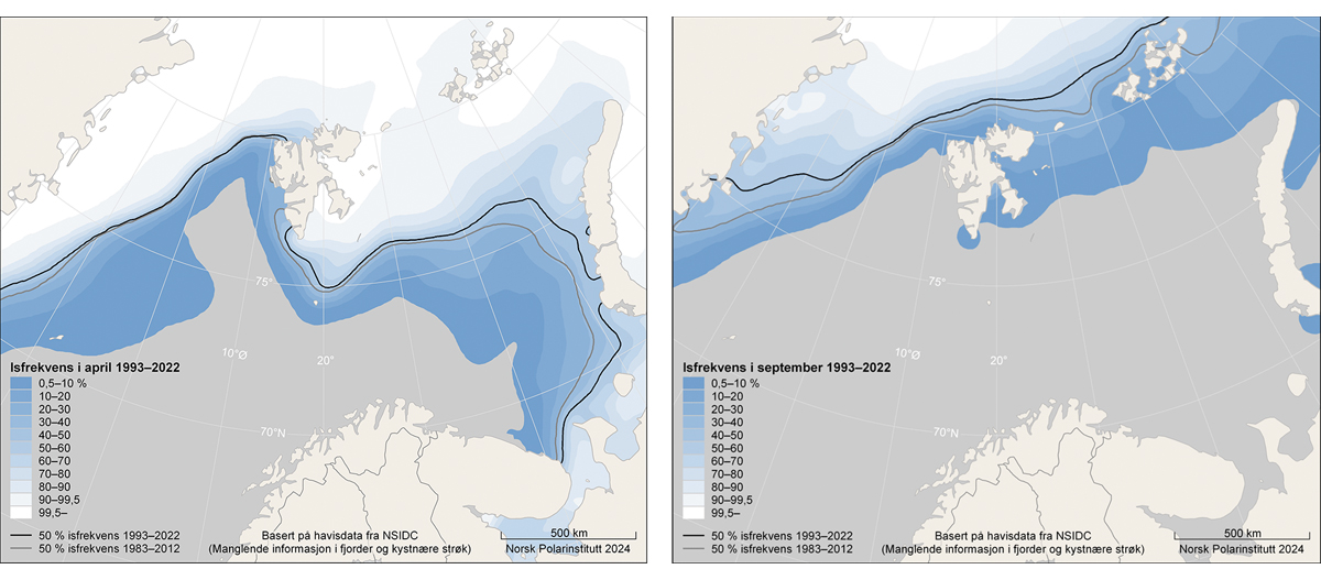 Figur 3.4 Havisutbredelse i Barentshavet og Framstredet. Kartene viser isutbredelse for april, når den normalt er på sitt årlige maksimum, og september når den er på minimum. Isutbredelse er angitt som isfrekvens basert på en tidsserie med satellittobservasjon...