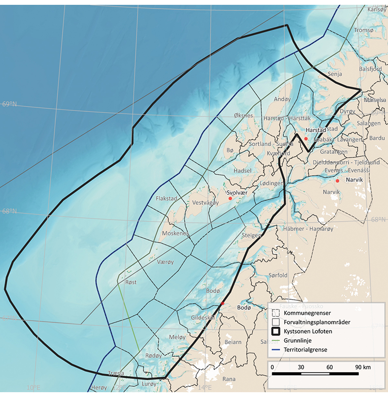Figur 4.18 Kart over pilotområde for økosystemtjenester, og tilgrensende kommuner i Kystsonen Lofoten.