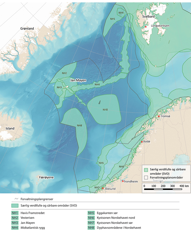 Figur 4.6 Særlig verdifulle og sårbare områder i Norskehavet.