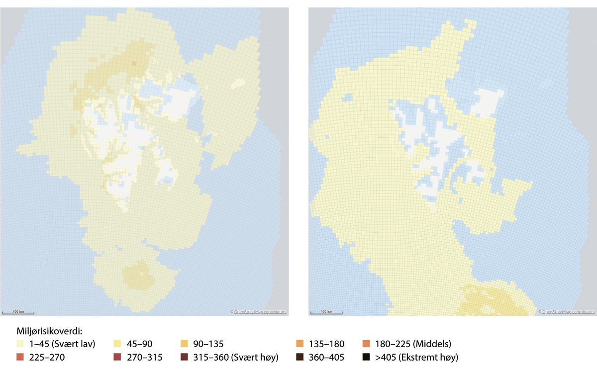 Figur 6.2 Miljørisiko rundt Svalbard, herunder Bjørnøya, i perioden 2017–2020. Til venstre gjennomsnittsverdier og til høyre maksimalverdier for hele perioden.