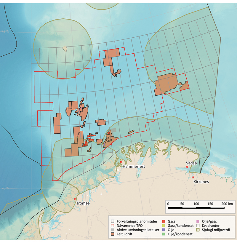 Figur 6.5 Kart over petroleumsvirksomhet og viktige områder for sjøfugl i Barentshavet