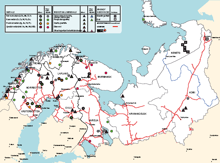 Figure 13.7 Mineral deposits and transport logistics in the Barents region.
