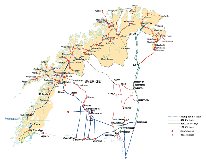 Figur 13.5 Kraftinfrastruktur på Nordkalotten. Utarbeidet av North Energy.