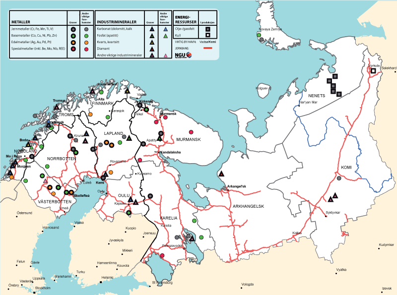 Figur 13.7 Mineralforekomster og transportlogistikk i Barentsregionen.