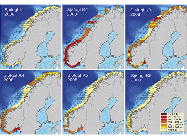 Figur 3.15 Miljørisiko for sjøfugl i 2008 vist som returperiode (antall år) for ulike miljøkonsekvenser (konsekvensklasse K1 til K6 der K6 er mest alvorlig) i ulike kystsegmenter.