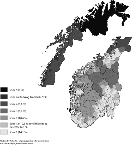 Figur 3.3 Virkeområdet for differensiert arbeidsgiveravgift – satser
og soner fra 2007