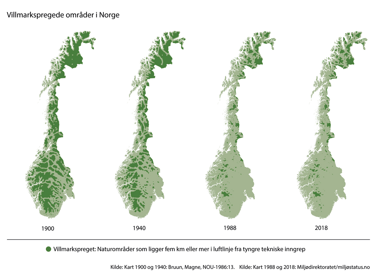 Figur 3.11 Villmarkspregede naturområder (områder som ligger fem km eller mer i luftlinje fra tyngre tekniske inngrep)