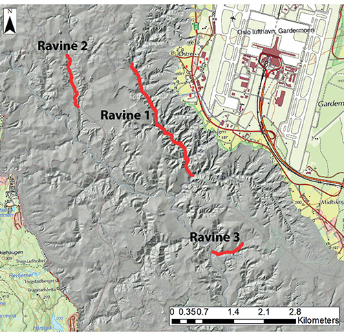 Figur 13.14 Raviner hvor identifikasjon av «hotspots» for erosjon og akkumulasjon ble utført (data fra Kartverket).