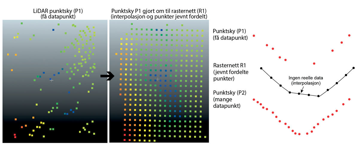 Figur 13.17 Prinsippet for hvordan manglende datapunkter kan gi et feilaktig bilde av terrenget ved interpolasjon.