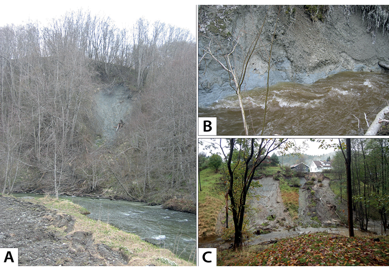 Figur 2.5 A og B: Erosjon i vassdrag er en naturlig del av landskapsutviklingen. I noen tilfeller kan små utglidninger fungere som initialskred for større skred. C: Overflateskred i leire som følge av høy nedbørintensitet.