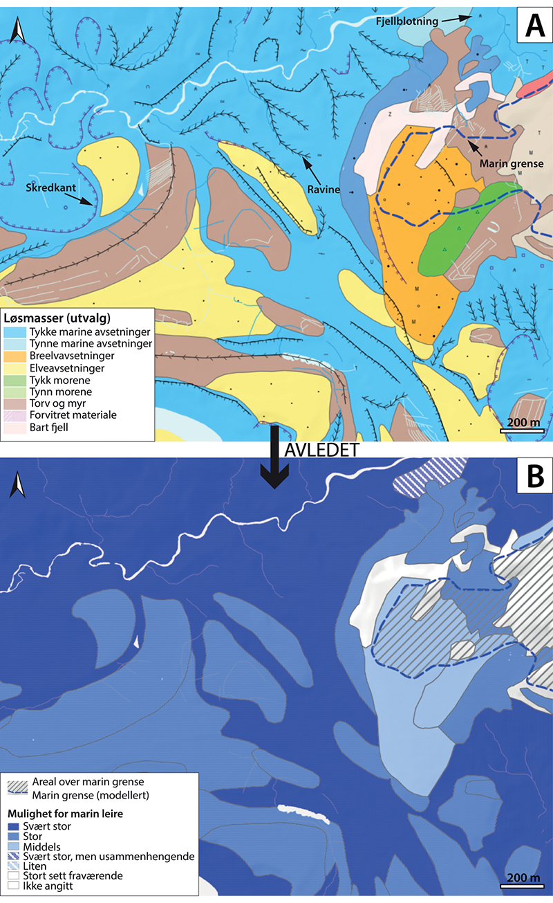 Figur 6.4 (A) Eksempel på kvartærgeologisk kart med fargepolygoner som viser løsmassers dannelse og utbredelse. Linje- og punktsymboler på kartene viser overflateformer, kornstørrelser, observasjoner m.m. Se NGU (2021b) for full tegnforklaring. (B) «Mulighet f...