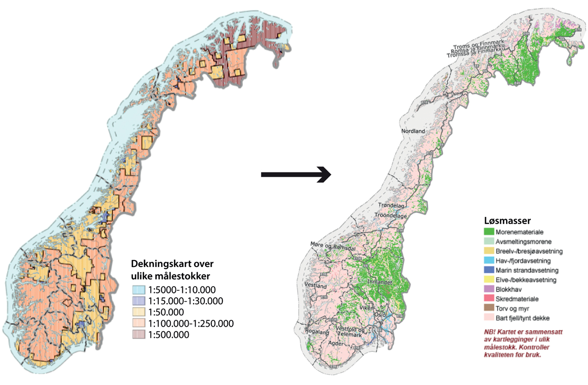 Figur 6.5 Til venstre sees dekningskart som viser hvilke målestokker NGUs løsmassekart på nett er satt sammen av (til høyre). Landet er i tillegg kartlagt i målestokk 1 : 1 000 000. Se detaljer i (NGU, 2022b).