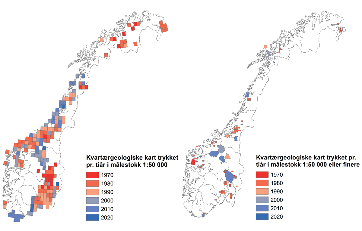 Figur 6.6 Venstre: Kvartærgeologiske kart i N50-kartserien, farget etter produksjonstiår. Høyre: Kvartærgeologiske kart i Spesialproduktserien, i målestokk 1 : 50 000 og mer detaljert. Hvite områder er bare kartlagt på fylkeskartnivå, for det meste i målestokk...