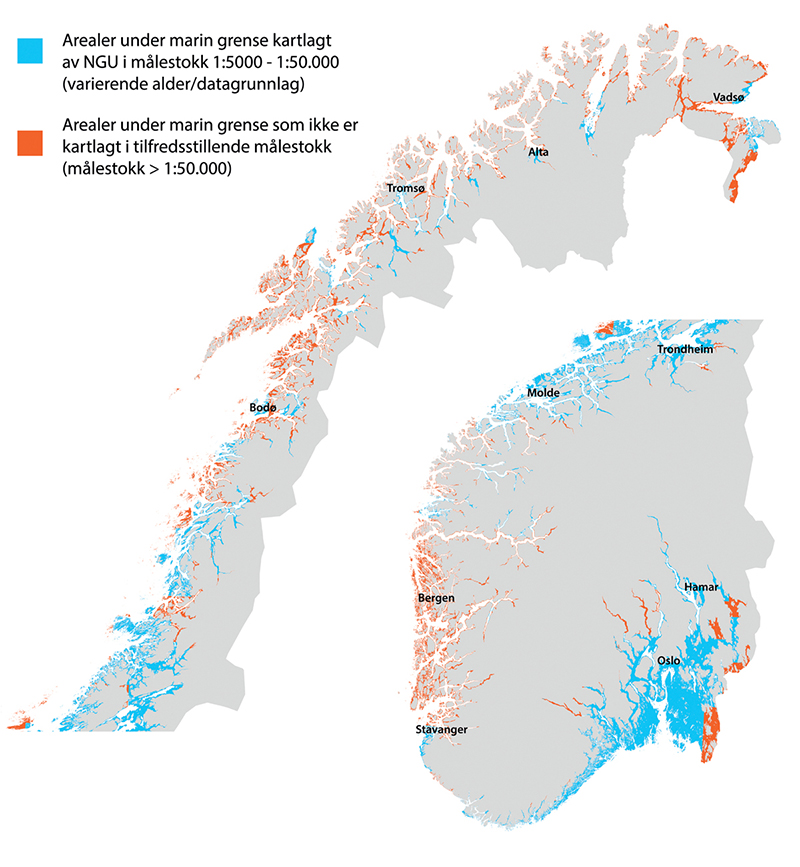 Figur 6.7 Kommuner og areal under marin grense, samt oversikt over målestokk for NGUs kartlegging i de ulike områdene.