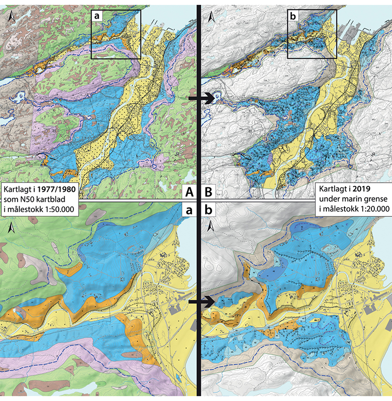 Figur 6.8 Eksempel på områder i Orkdal som tidligere (1977) var kartlagt i målestokk 1 : 50 000, og som nylig er oppgradert med mer detaljert informasjon. Se figur 6.4 eller (NGU, 2022b) for tegnforklaring.