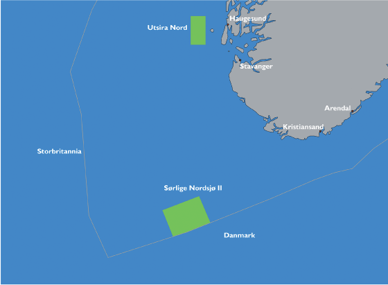 Figur 6.7 Utsira Nord og Sørlege Nordsjø II som er opne for søknader om fornybar energiproduksjon til havs