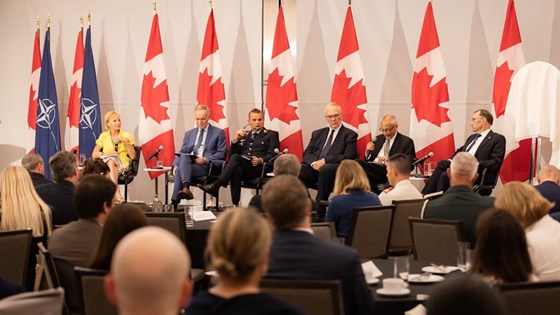 Bilde av utenriksministeren i et panel.