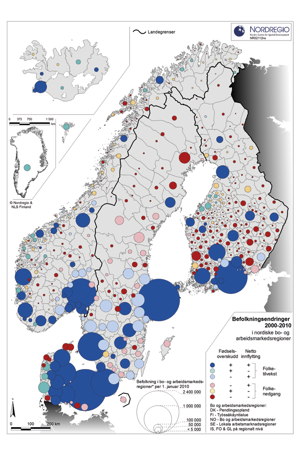 Figur 2.1 Befolkningsendringer 2000 – 2010 i nordiske bo- og arbeidsmarkedsregioner.