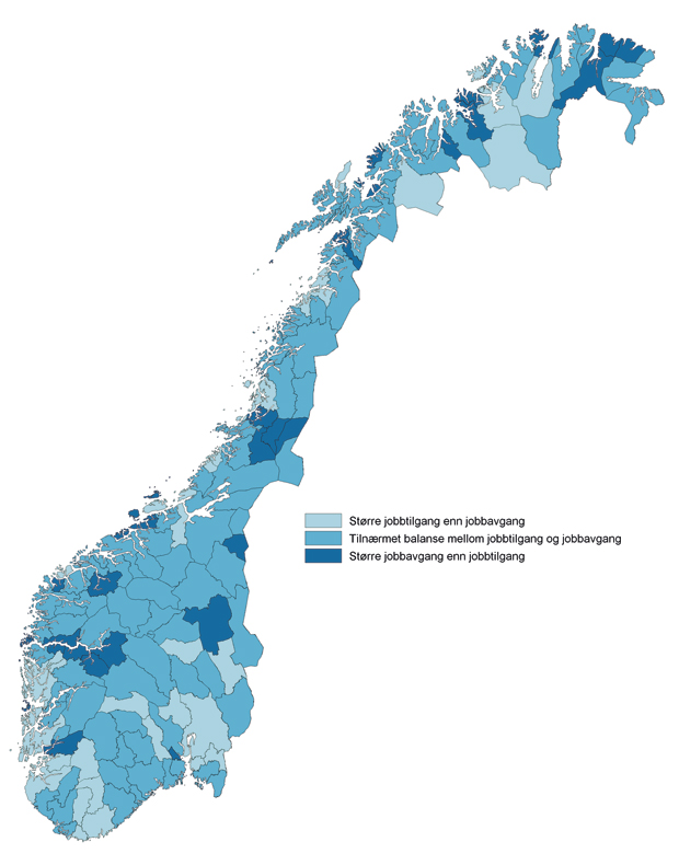 Figur 4.12 Balansen mellom jobbtilgang og jobbavgang. Bo- og arbeidsmarkedsregioner. Årlig gjennomsnitt for sysselsettingen totalt i 1997 – 1998, 2002 – 2003 og 2004 – 2005. Prosent av sysselsettingen.