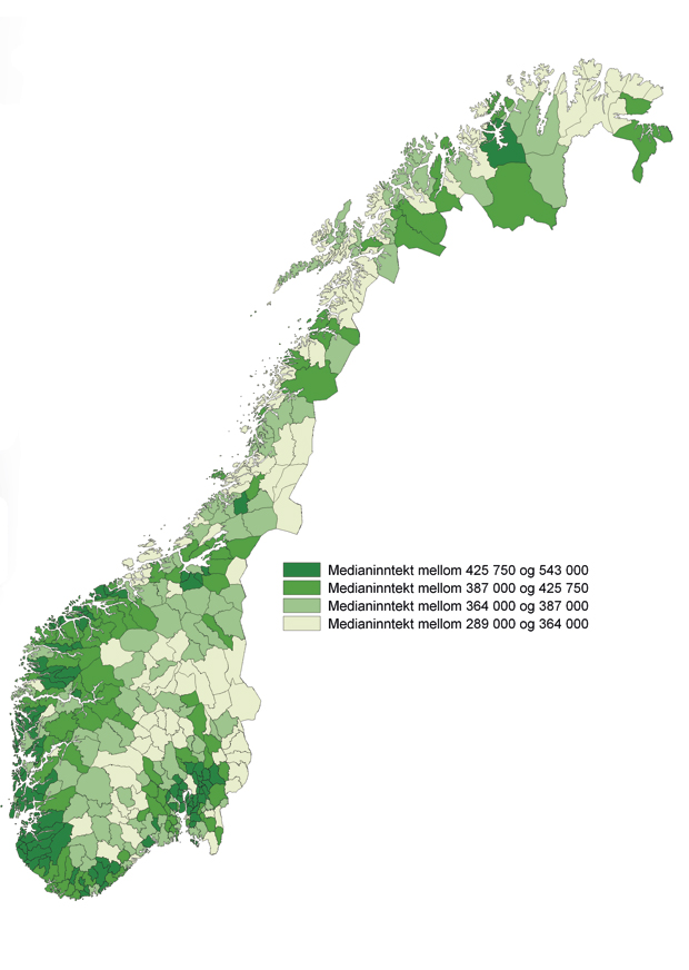 Figur 4.36 Medianinntekt pr. husholdning. Kommuner 2009.