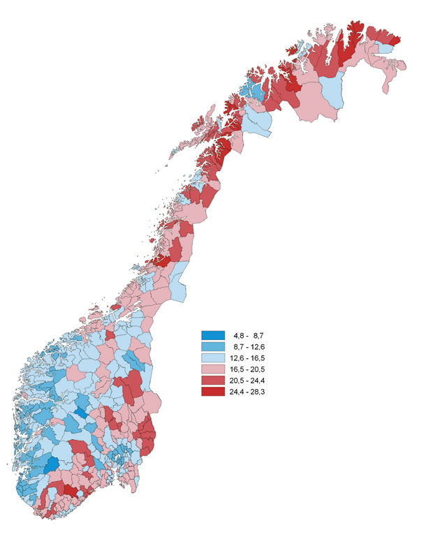 Figur 4.39 Tapt arbeidsinnsats1 knyttet til uføre, arbeidsledige og AFP-mottakere som andel av potensiell arbeidsstyrke, 2008.