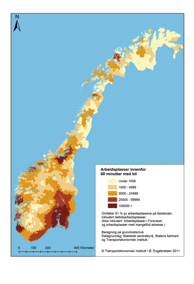 Figur 4.43 Arbeidsplasser innenfor 60 minutter med bil.