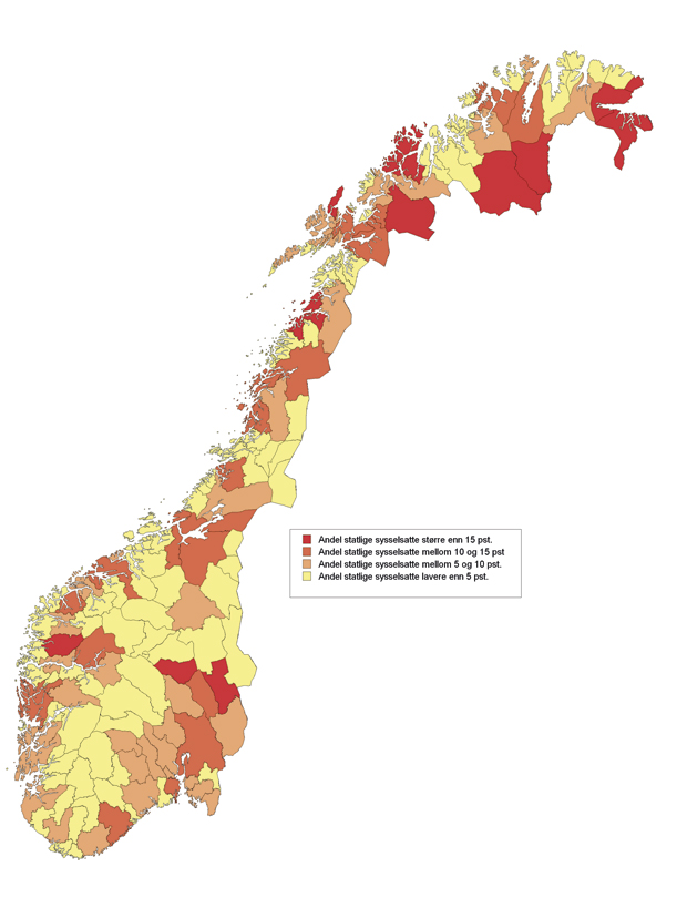 Figur 5.3 Andel statlige arbeidsplasser i bo- og arbeidsmarkedsregionene av total sysselsetting i regionen.