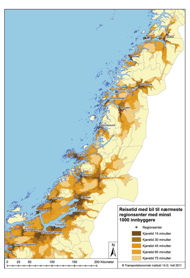 Figur 2.3 Reisetid til nærmeste regionsenter med minst 1000 innbyggere i midtre del av Norge