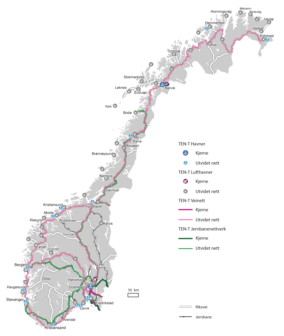 Figur 2.2 TEN-T kjernenettverk og utvidet nettverk for alle transportformer