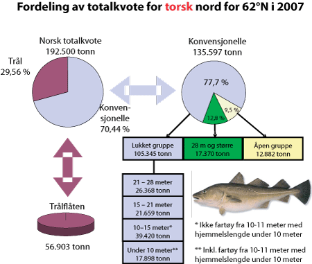Figur 3.2 Fordeling av totalkvote for torsk nord for 62°N i 2007