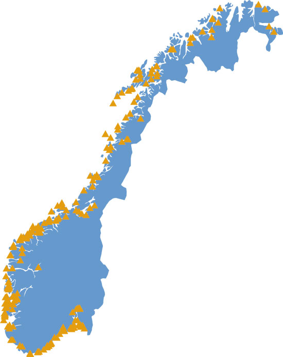 Figure 10.4 Sites of shipyards along the Norwegian coast