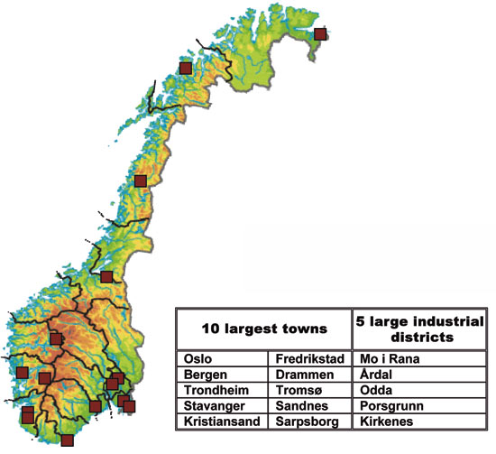 Figure 10.8 The 10 largest towns and five large industrial districts involved
in the first phase of the action plan