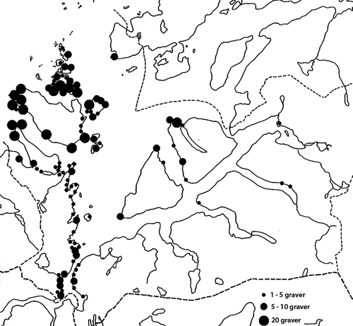 Figur 2.1 Fordelingen av norrøne/norske jernaldergraver
i Astafjord og tilstøtende områder (gjengitt etter
Schanche 1986)