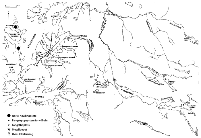 Figur 2.2 Etnisk/kulturell skillelinje mellom hovedsakelig norsk
og hovedsakelig samisk bosetnings- og bruksområde i Astafjord
gjennom yngre jernalder / tidlig middelalder (Hansen 1990)