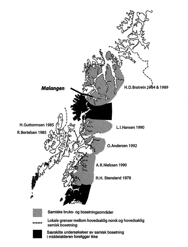 Figur 2.3 Rekonstruerte grenser mellom hovedsakelig samiske og norske
bosetningsområder i yngre jernalder / tidlig middelalder
(basert på undersøkelser av Bratrein 1984 & 1989,
Hansen 1990, Andersen 1992, Nielssen 1990, Guttormsen 1983, Bertelsen
1985 ...