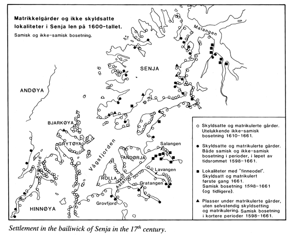 Figur 3.2 Bosetningen i Sør-Troms (Senja len) gjennom 1600-tallet
(Hansen 1986)