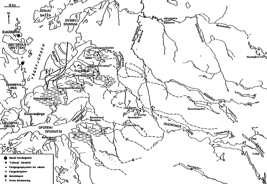 Figur 4.1 Prinsippskisse over nomadenes flytteruter (etter A. Huuva Dynesius
1985 og I. Ruong 1937)