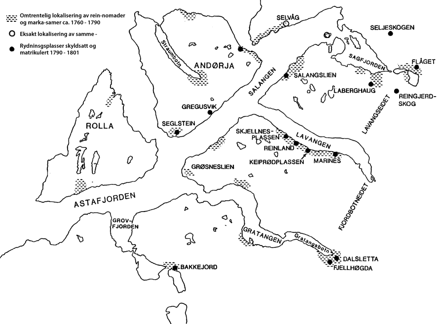 Figur 4.5 Nomadenes og markasamenes tilholdssteder i Astafjord på 1700-tallet
(Hansen 1990)