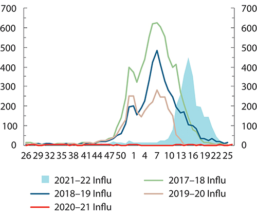 Figur 11.2 Antall nye innleggelser i sykehus med influensa, per uke, etter sesong.