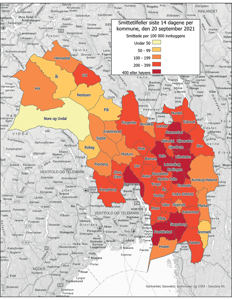 Figur 14.3 Koronakart. Situasjonsbilde fra Statsforvalteren i Oslo og Viken. Antall smittede per 100 000 innbyggere siste 14 dager ved 20. september 2021.
